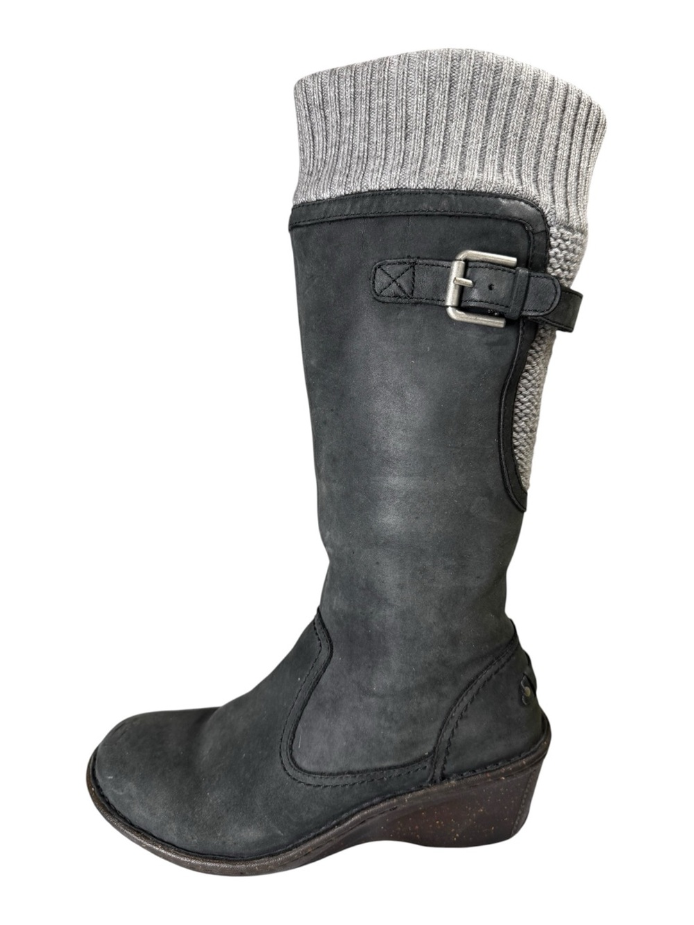 UGG Australia Brooks Tall Charcoal Suede Knit Collar Wedge Boots Fleece Lined 8